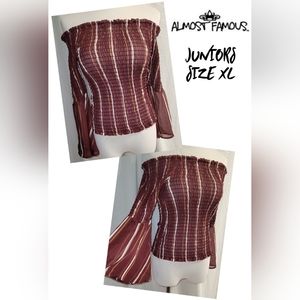 Almost Famous Sheer Chiffon Poet Ruffle Sleeve Off Shoulder Shirt JR XL